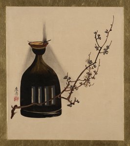 さまざまな主題の漆の絵画：オイルランプ付きの梅の枝、1882年。 作： Shibata Zeshin