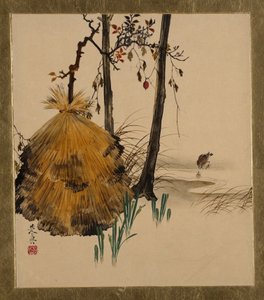 さまざまな主題の漆の絵画：スズメのいる木のための雪の避難所、1882年。 作： Shibata Zeshin