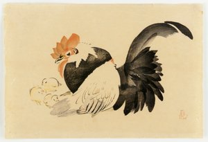 鶏、鶏、雛、明治時代、1876-79年（カラー木版画） 作： Shibata Zeshin