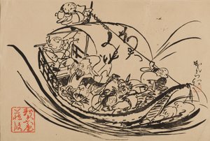 木版画 - 宝船、19 世紀頃 作： Shigematsu Enrosai