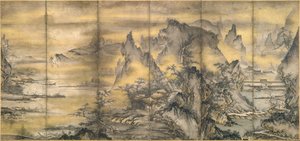 日本語：『式部輝忠筆 四季山水図屏風 室町時代四季山水図屏風』。