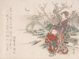 庭で子供を持つ女性 新月を眺める, 19世紀., 19世紀. 作： Shinsai