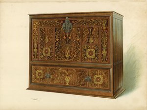 ジョージ・ドナルドソン卿（クロモリト）の財産である象嵌細工を施したキャビネット 作： Shirley Charles Llewellyn Slocombe