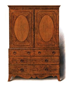 マホガニーとサテンウッドの洋服プレス、1908年。