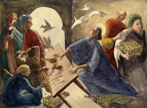 神殿から商人を追い出すキリスト、1950年頃。 作： Shirley Markham