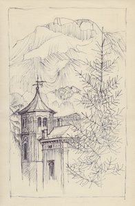 教会と山、イタリア、c1950。 作： Shirley Markham
