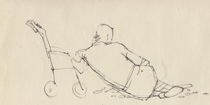 ビーチでベビーカーにもたれかかる男性、c1950。 作： Shirley Markham