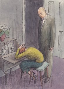縮こまる女性の上に立つ男性、1952年。 作： Shirley Markham