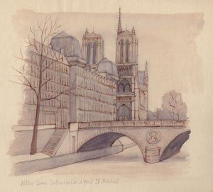 「ノートルダム大聖堂とサンミッシェル橋」、1951 年。 作： Shirley Markham
