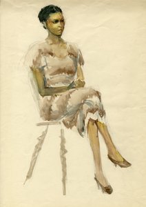 茶色のドレスを着た座っている女性、c1952。 作： Shirley Markham