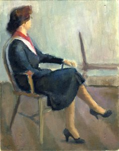 ネイビー ブルーの服を着て座っている女性、1952 年。 作： Shirley Markham