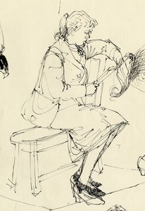 座って読書をしている女性、1953 年。