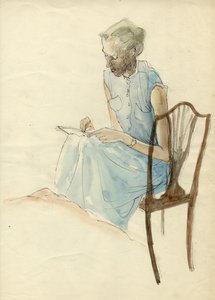 座って書いている女性、1952 年。 作： Shirley Markham