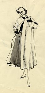コートとフル スカートの女性、1950 年頃。
