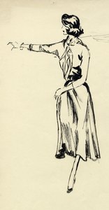 腕を伸ばしたフル スカートの女性、c1950。