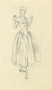 ウエストの狭いドレスを着た女性、1952年頃。 作： Shirley Markham