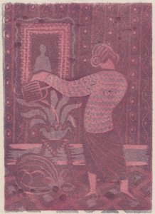 植物に水をやる女性、c1951。 作： Shirley Markham