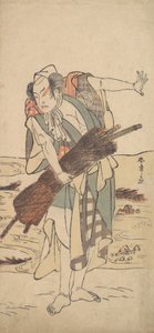 浪人サムライとしての嵐三五郎は、銀行に立っています。 1777年。 作： Shunsho