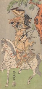 市川團十郎 5 世、まだらの灰色の馬に乗った武士、1771 年。 作： Shunsho