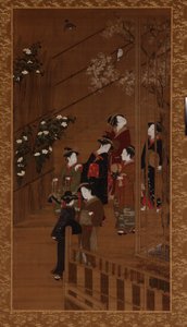 フットボール コートの近くを歩く 7 人の女性、江戸時代、18 世紀半ば。 作： Shunsho