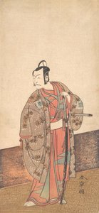 家の中と縁側の前に立つ俳優の五代目市川團十郎。 1772年。