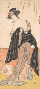 帯を結ぶ花魁としての俳優中村梨子, ca. 1779年。