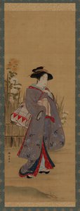 フェンスで囲まれた花の咲く庭の近くにいる女性、18 世紀後半。 作： Shunsho
