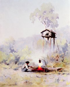 キャンプファイヤー（油彩・キャンバス 作： Sidney Laurence
