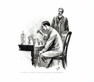 「ホームズは化学調査に懸命に取り組んでいた」、「海軍条約」のイラスト、Arthur Conan Doyle（1859-1930）、「Strand Magazine」、1893年10月および11月に発行（