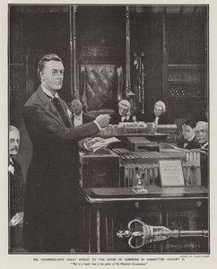 1901年8月2日、下院で行われたボーア戦争に関するジョセフ・チェンバレンの演説（リトグラフ）。 作： Sidney Paget