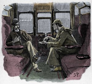 シルバーブレイズシドニー・パジェットがシャーロック・ホームズの冒険を描いたイラスト。名探偵がワトソン博士と一緒に列車に乗っている様子が描かれている。The Strand Magazine "に掲載。コナン・ドイルによるニュース。1892.