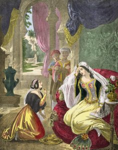 1870年代にエドワードゴバーによって印刷された聖書から、ナアマンの妻を待っていた囚われのヘブライ人のメイド 作： Siegfried Detler Bendixen