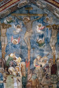 十字架上のキリスト「INRI」の磔刑。シエナの学校のフレスコ画の詳細 作： Sienese School