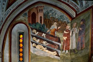 死者と生者の出会い シエナの学校のフレスコ画の詳細。14世紀サン・ブノワ修道院（サクロ・スペコ）、階段、スビアコ（ローマ）、イタリア 作： Sienese School