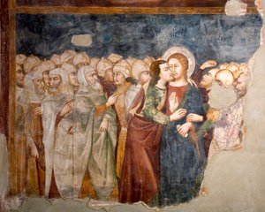 ユダの口づけ シエナの学校のフレスコ画。14世紀。上級教会。サン・ベネデット修道院（サクロ・スペコ）、スビアコ（ローマ）、イタリア 作： Sienese School