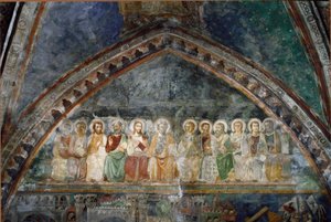 12人のアポトレス シエナの学校のフレスコ画の詳細。14世紀イタリア、スビアコ（ローマ）の聖ベネディクト修道院（サクロ・スペコ）、上級教会