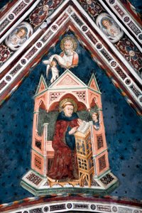 ローマ教会の4人の医師を表す上部教会の金庫室の1つを飾るフレスコ画の詳細のビュー：聖グレゴワール1世と伝道者聖マチュー 作： Sienese School