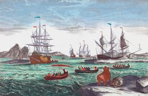 18 世紀のグリーンランド沖の捕鯨船 (彫刻) 作： Sieuwert van der Meulen