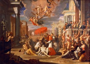 1576年、ペストの犠牲者に聖餐式を行う聖シャルル・ボロメロ、シギスムンド・カウラ（1637-1713）作、油彩・キャンバス、97x147cm 作： Sigismondo Caula