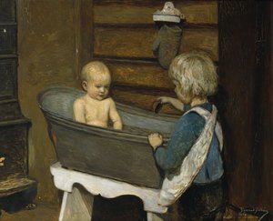 洗面器で遊ぶ子供たち（キャンバスに油彩） 作： Sigmund Sinding