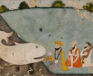バラ、マルダナ、そして偉大な魚（マツヤヴァタラのヴィシュヌ）と一緒のグルナナク 作： Sikh School