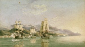 ライグレリアとアラッシオにおけるフランス商船18隻の船団攻撃、1812年6月27日、19世紀初頭（ペン、インク、黒鉛、水彩画） 作： Silas Thomson (attr.to) Hood