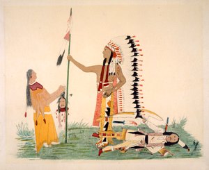 コマンチと彼の妻は、アーティストが描いた一連の伝説的なエピソードから、ウテと出会い、戦います（鹿革の顔料） 作： Silver Horn