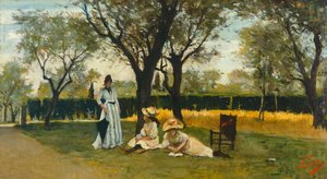 ポッジョ・ピアノの別荘にて」シルベストロ・レガ（1826-1895）作、パネルに油彩、34x60.5cm