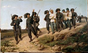 1859年のイタリア攻略戦のエピソード。"ベルサグリエ（bersaglieri）に囲まれたオーストリア軍の捕虜" シルベストロ・レガ（1826-1895）の絵画 1861年 Sun.57,5 x 95 cm フィレンツェ、近代美術館ガレリア 作： Silvestro Lega