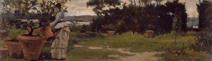 ベラリバの庭」1884年頃 シルベストロ・レガ（1826-1895）作 パネルに油彩 7x23.5cm 作： Silvestro Lega