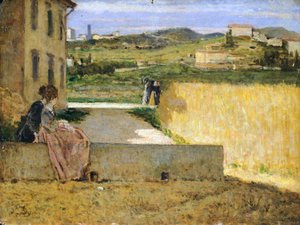 シルベストロ・レガ（1826-1895）作、パネルに油彩、34x46cm「ヴィラの影で」。 作： Silvestro Lega