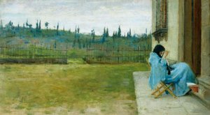 シルベストロ・レガ（1826-1895）作「仕事をする女性」、油彩・キャンバス、22x40cm