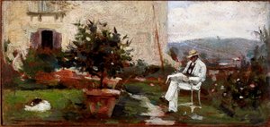 庭のルイジ・トンマーシ（木箱の絵 作： Silvestro Lega