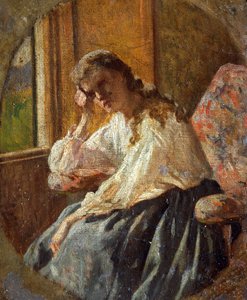 シルベストロ・レガ（1826-1895）の「女性像の習作」、三枚組の細部 作： Silvestro Lega